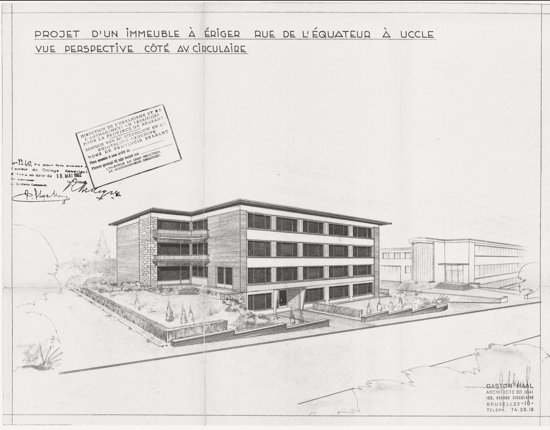 Plan de perspective original, 1962, projet d'un immeuble à ériger à Uccle, signé Gaston Haal, architecte