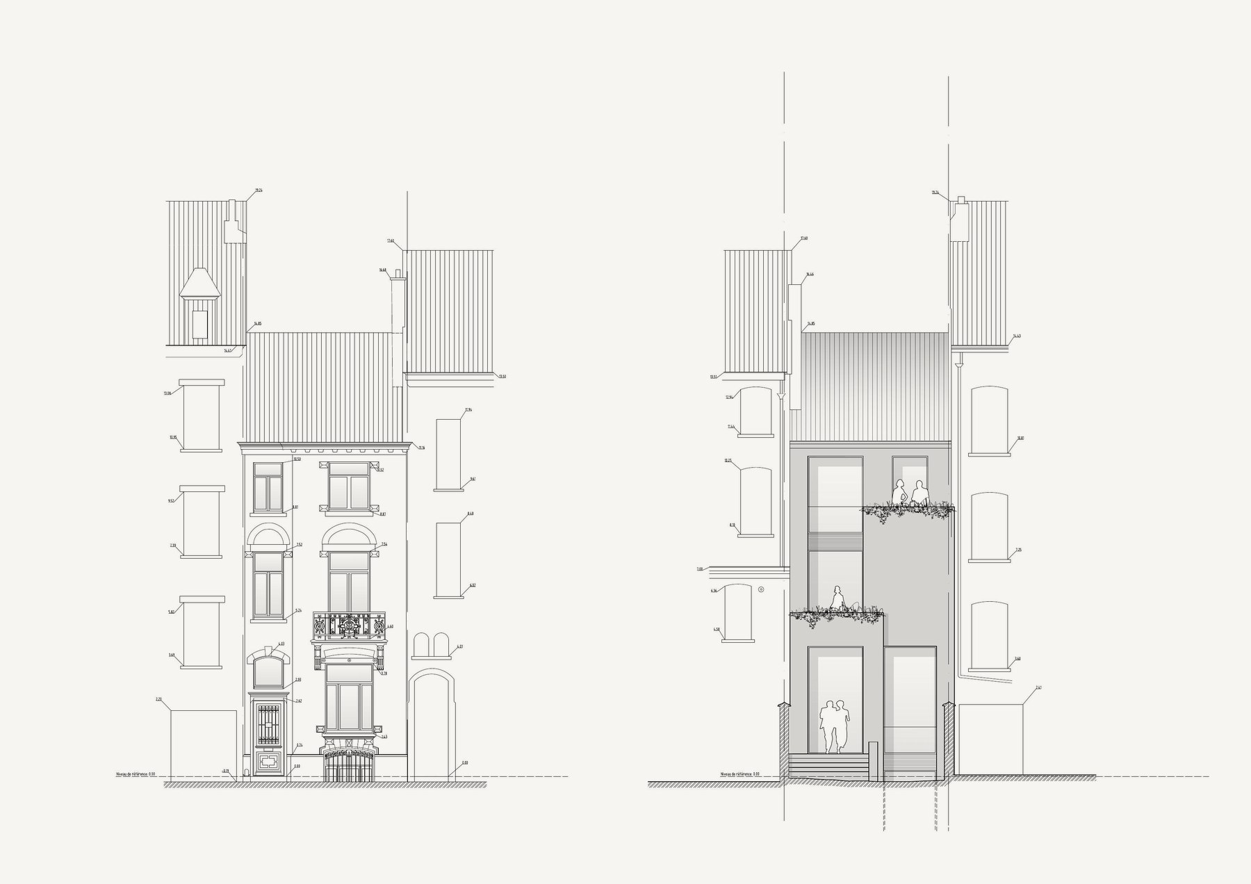Élévations du dossier de permis : façade existante sur rue et extension arrière, maison de maître à Uccle